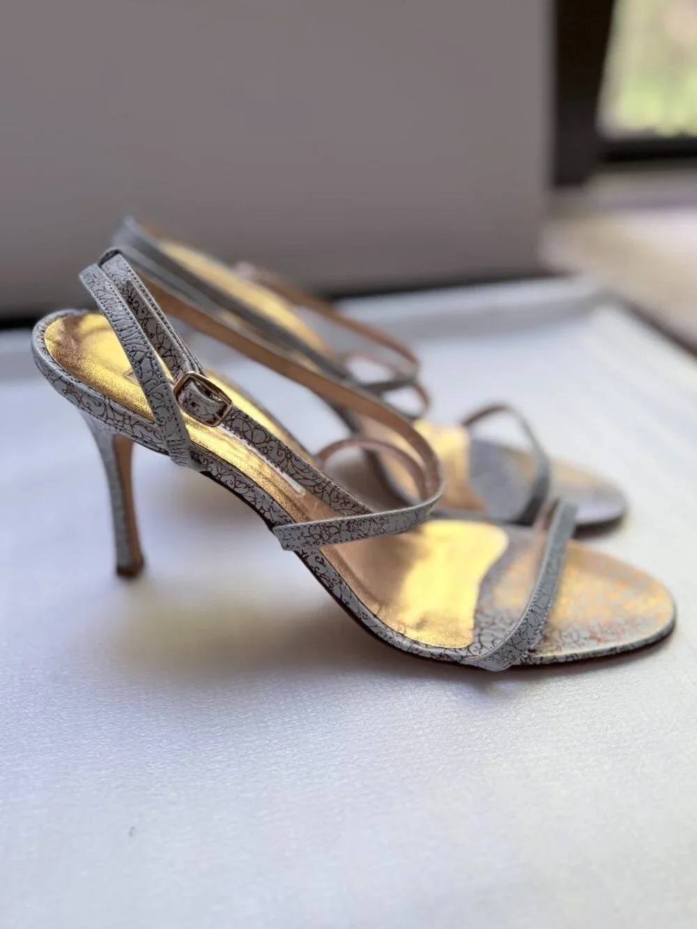 Manolo Blahnik Blue Gold Filigree Leather Strappy Heels EU 36